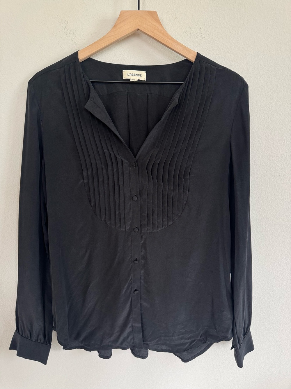 L'AGENCE 100% Silk Pleated Bib Blouse Black Long Sleeve Button Front Designer S